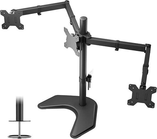 BONTEC Triple Monitor Stand for 13-24 Inches, 3 Monitor Desk Mount, Free Standing Fully Adjustable Stand for 3 Screen, Each Arm Holds up to 10kgs, VESA 75/100mm with 2 Installation Options