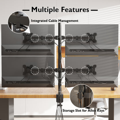 BONTEC Quad Four Arm Desk Mount Ergonomic LCD Computer Monitor Bracket Stand Tilt Swivel Rotation 13”-27” Screen TV