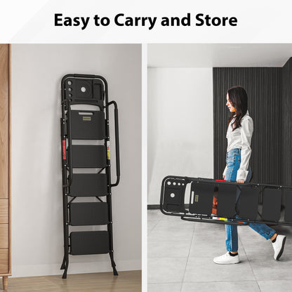 BONTEC 5 Step Ladder with Wide Anti-Slip Pedals, Folding Step Stool Capacity 181KG, Sponge Handrail, Strong and Solid Portable Ladder Suitable for Home, Kitchen, Pantry, Indoor/Outdoor Use