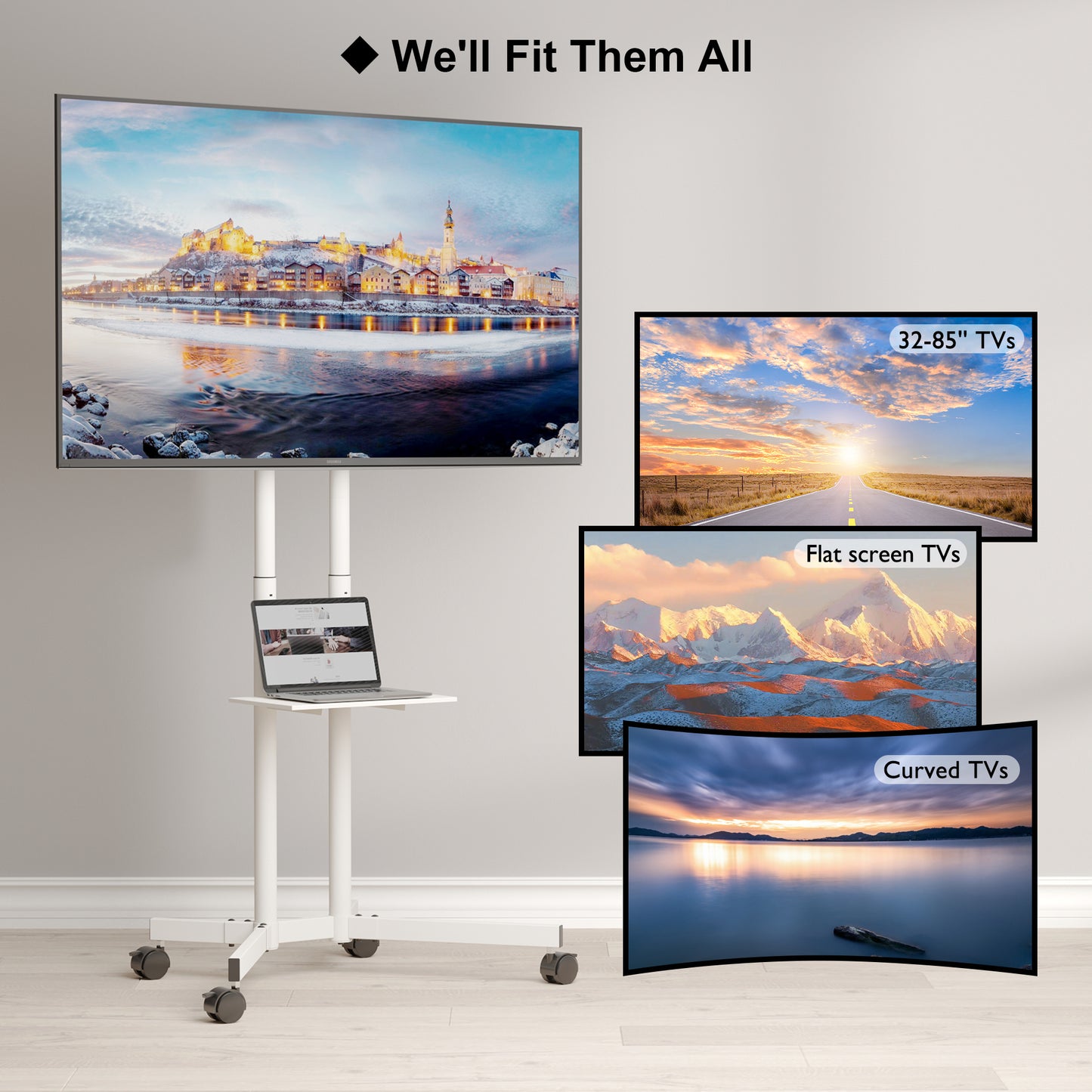 BONTEC Mobile TV Stand on Wheels for 32-85 inch LCD LED OLED Flat Curved TVs