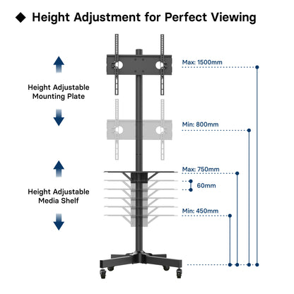 Mobile TV Stand on Wheels for 23-60 inch Plasma/LCD/LED TVs, Portable TV Stand with Tray, Height adjustable Home Display Rolling TV Cart Trolly, Max. VESA 400x400mm