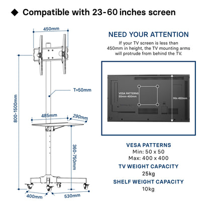 Mobile TV Stand on Wheels for 23-60 inch Plasma/LCD/LED TVs, Portable TV Stand with Tray, Height adjustable Home Display Rolling TV Cart Trolly, Max. VESA 400x400mm