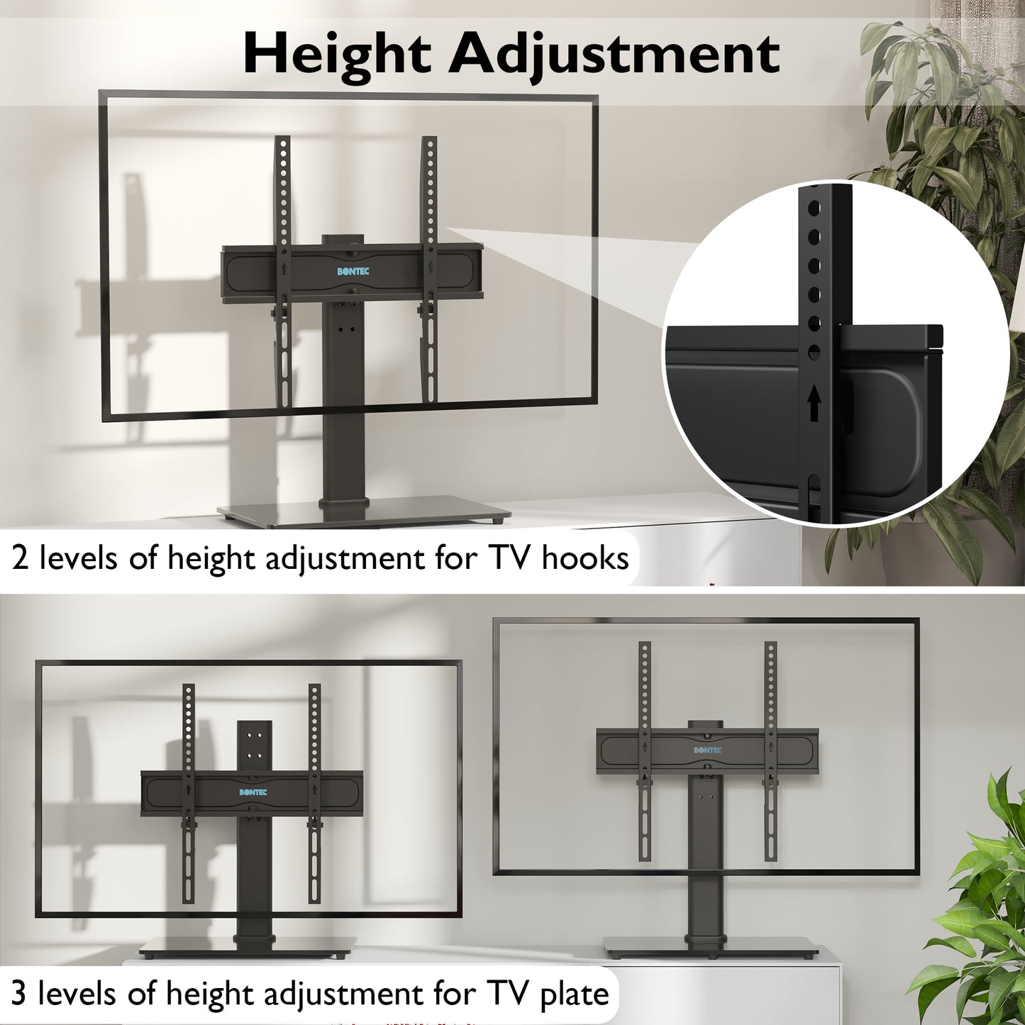 BONTEC Swivel Table Top TV Stand with Bracket for 26-55 inch LED OLED LCD Plasma Flat Curved Screens Height Adjustable TV stand with Tempered Glass Base Max. VESA 400x400mm up to 45KG