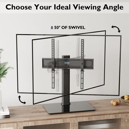 BONTEC Swivel Table Top TV Stand with Bracket for 26-55 inch LED OLED LCD Plasma Flat Curved Screens Height Adjustable TV stand with Tempered Glass Base Max. VESA 400x400mm up to 45KG