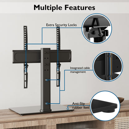 BONTEC Swivel Table Top TV Stand with Bracket for 26-55 inch LED OLED LCD Plasma Flat Curved Screens Height Adjustable TV stand with Tempered Glass Base Max. VESA 400x400mm up to 45KG