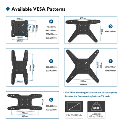 BONTEC TV Wall Bracket Mount for 26-60 inch LED LCD Flat Curved TVs, Tilt Swivel & Rotation TV Wall mount up to 45kgs, Max VESA 400x400mm