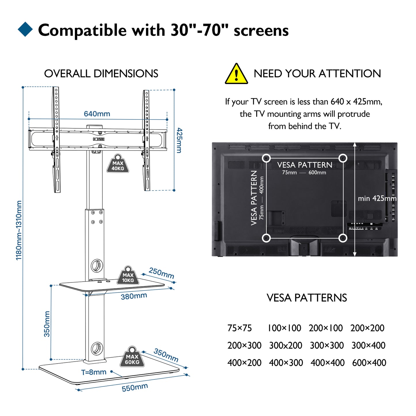 BONTEC Universal Floor TV Stand for 30-70 inch LED OLED LCD Plasma Flat Curved Screens