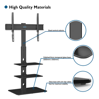 BONTEC Universal Floor TV Stand for 30-70 inch LED OLED LCD Plasma Flat Curved Screens, Height Adjustable Tall TV Stand with 3-Tier Tempered Glass Shelves up to 40KG, Max VESA 600x400mm