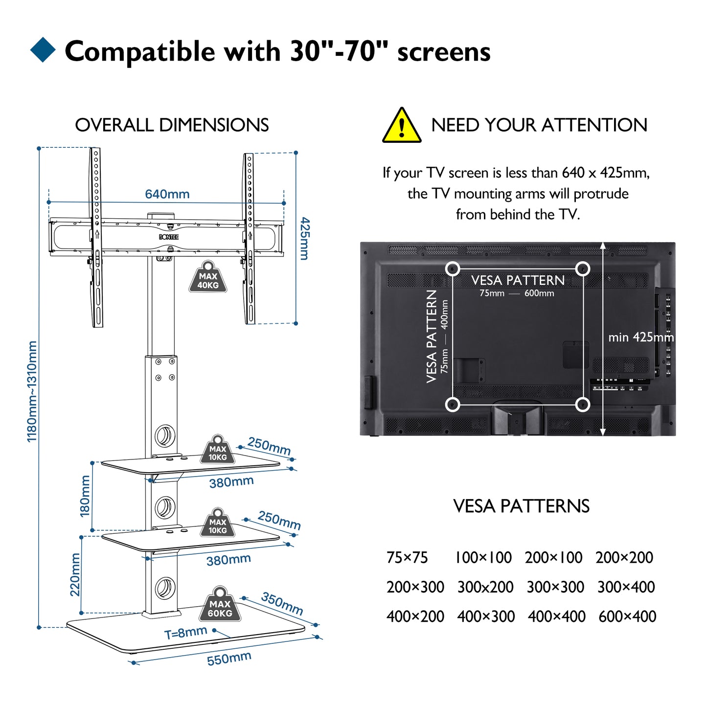 BONTEC Universal Floor TV Stand for 30-70 inch LED OLED LCD Plasma Flat Curved Screens, Height Adjustable Tall TV Stand with 3-Tier Tempered Glass Shelves up to 40KG, Max VESA 600x400mm