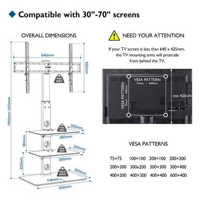 BONTEC Universal Floor TV Stand for 30-70 inch LED OLED LCD Plasma Flat Curved Screens, Height Adjustable Tall TV Stand with 3-Tier Tempered Glass Shelves up to 40KG, Max VESA 600x400mm