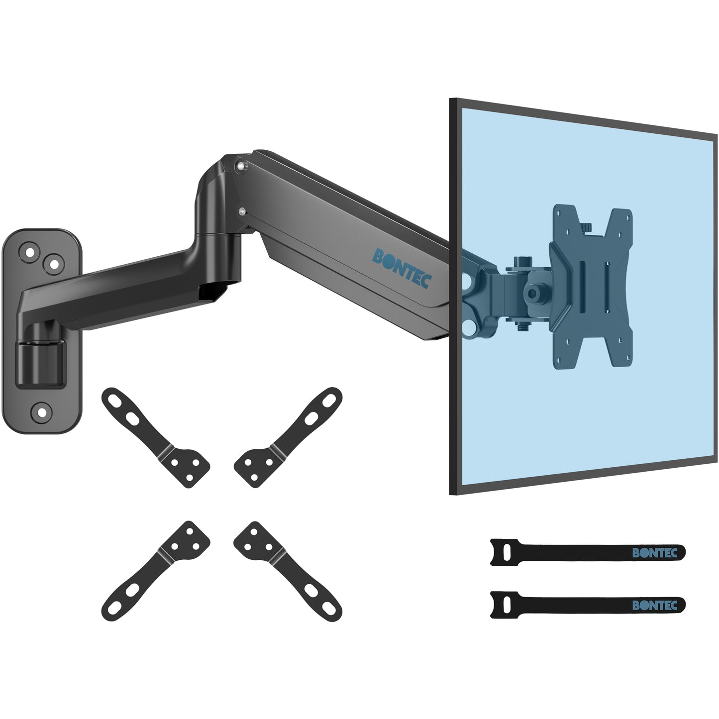 BONTEC Monitor Wall Mount for 13-42 Inch Screens, Gas Spring Wall Monitor Arm Holds Up to 8kg, Adjustable Tilt Swivel Wall Monitor Mount, Single Arm with VESA Extension Kit Fit VESA 75/100/ 200