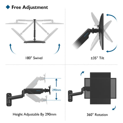 BONTEC Monitor Wall Mount for 13-42 Inch Screens, Gas Spring Wall Monitor Arm Holds Up to 8kg, Adjustable Tilt Swivel Wall Monitor Mount, Single Arm with VESA Extension Kit Fit VESA 75/100/ 200