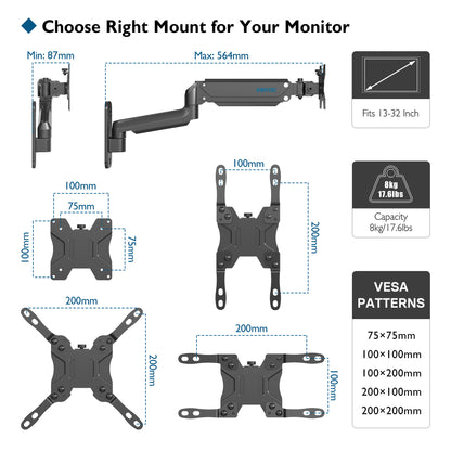 BONTEC Monitor Wall Mount for 13-42 Inch Screens, Gas Spring Wall Monitor Arm Holds Up to 8kg, Adjustable Tilt Swivel Wall Monitor Mount, Single Arm with VESA Extension Kit Fit VESA 75/100/ 200