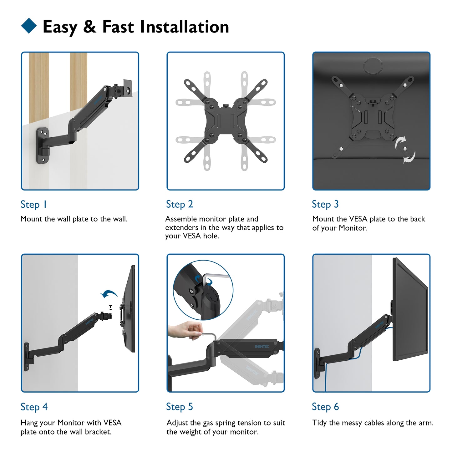 BONTEC Monitor Wall Mount for 13-42 Inch Screens, Gas Spring Wall Monitor Arm Holds Up to 8kg, Adjustable Tilt Swivel Wall Monitor Mount, Single Arm with VESA Extension Kit Fit VESA 75/100/ 200