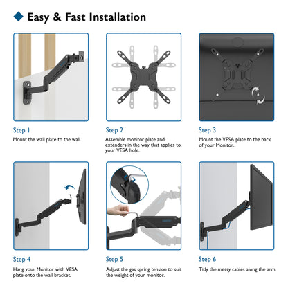 BONTEC Monitor Wall Mount for 13-42 Inch Screens, Gas Spring Wall Monitor Arm Holds Up to 8kg, Adjustable Tilt Swivel Wall Monitor Mount, Single Arm with VESA Extension Kit Fit VESA 75/100/ 200