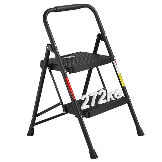 BONTEC 2 Step Ladder, Capacity 272KG with Wide Anti-Slip Pedals, Folding Steel Step Stool, Sponge Handlebar, Lightweight Portable Ladder Suitable for Home, Kitchen, Pantry, Indoor/Outdoor Use, Black