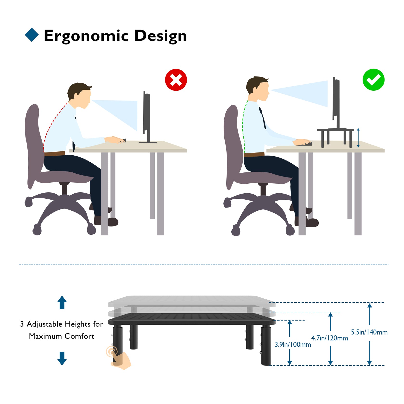 BONTEC PC Monitor Riser Adjustable Height Adjustable Metal Screen Rise