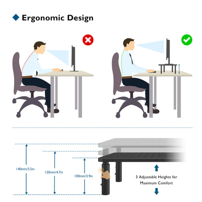 BONTEC Dual Monitor Stand Riser, 3 Height Adjustable Desktop Monitor Stand with Drawer, Mesh Platform Desktop Organizer Stand for Laptop, Computer, iMac, PC, Printer up to 20KG