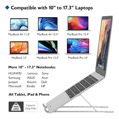 BONTEC Portable Laptop Stands for 10-17.3 inch Laptops Tablet, 7 Levels Height Adjustment Aluminum Laptop Computer Riser, Ventilated Cooling Desktop Laptop Holder Supports up to 20KG
