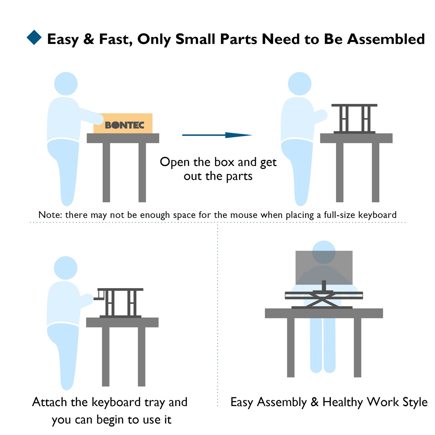 BONTEC Standing Desk Converter, 55cm Stand up Desk Riser, Height Adjustable Home Office Desk with Keyboard Tray, Sit to Stand Up Desk for Laptop, Monitor Up to 15kg