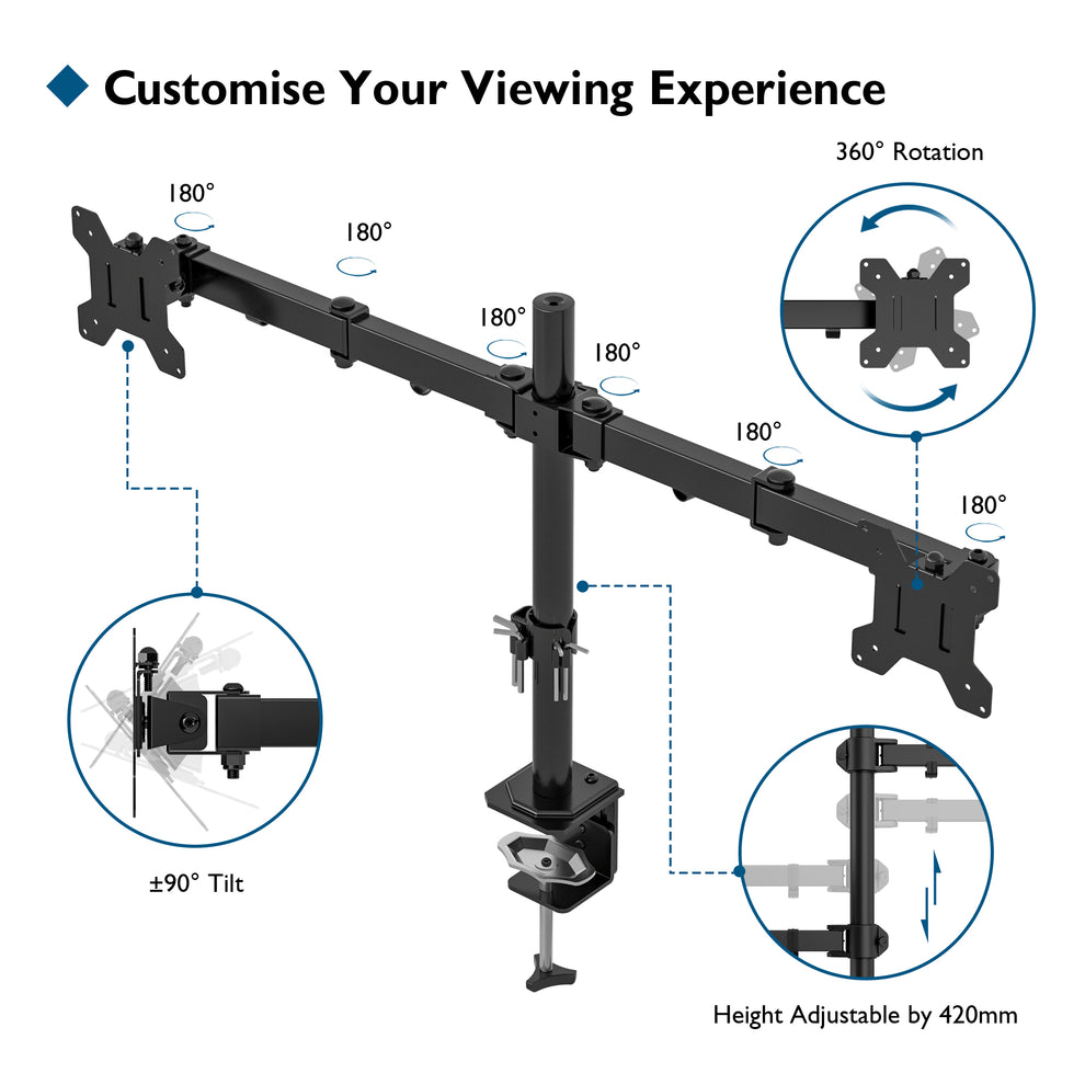 BONTEC Dual Monitor Stand for 13-27 inch LCD LED Screen, Tilt Swivel R