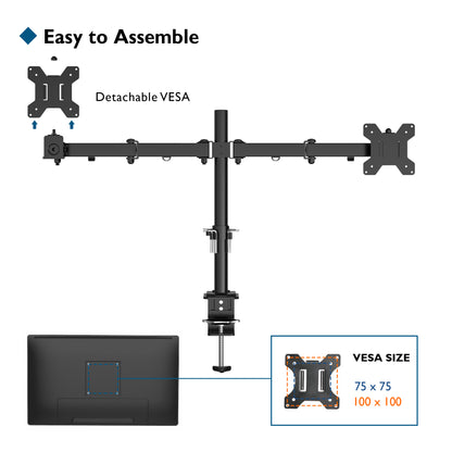 BONTEC Dual Monitor Stand for 13-27 inch LCD LED Screen, Tilt Swivel Rotation Double Arm PC Computer Monitor Arm up to 8kg, VESA Dimensions: 75x75-100x100mm