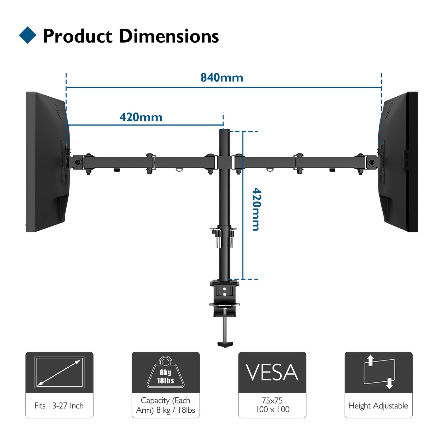 BONTEC Dual Monitor Stand for 13-27 inch LCD LED Screen, Tilt Swivel Rotation Double Arm PC Computer Monitor Arm up to 8kg, VESA Dimensions: 75x75-100x100mm