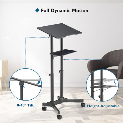 BONTEC Mobile Standing Laptop Desk Converter, Sit Stand Desk with Wheels, Height Adjustable Home Office Desk Workstation, Rolling Desk Laptop Cart with Storage Tray, Black