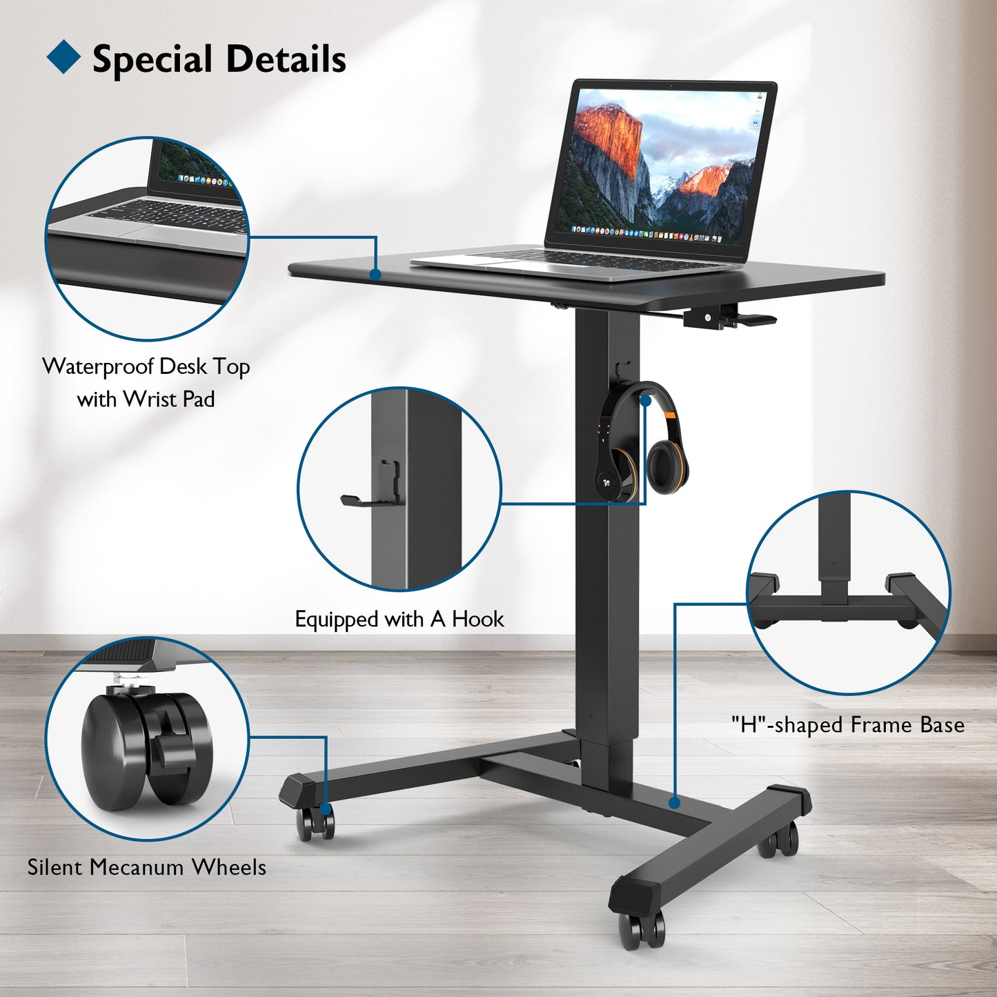 BONTEC 65 × 45cm Mobile Standing Desk with 4 Rolling Castors