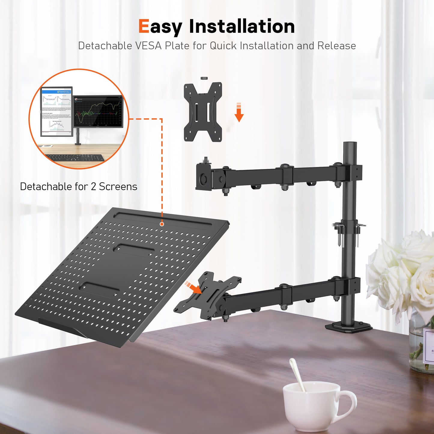 Redbat Monitor and Laptop Stand for 13-32 inch LCD LED Screens, Adjustable Monitor Mount with Laptop Tray Up to 16 inch Laptop/Notebook, Laptop Arm with VESA 75/100mm, 2 Mounting Options