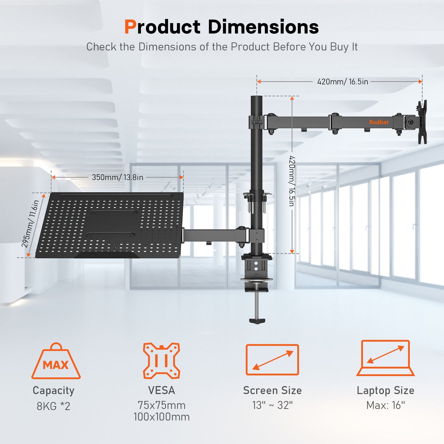 Redbat Monitor and Laptop Stand for 13-32 inch LCD LED Screens, Adjustable Monitor Mount with Laptop Tray Up to 16 inch Laptop/Notebook, Laptop Arm with VESA 75/100mm, 2 Mounting Options