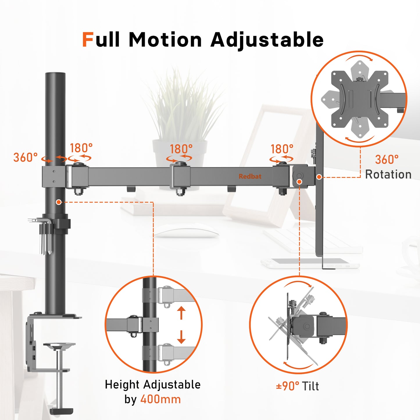 Redbat Laptop Arm for Laptop/Notebook up to 17 inch, Height Adjustable Laptop Arm for Desk Weight up to 8kg, Laptop Mount with 2 Mounting Options, VESA 75/100 for Monitor 13-32 inch