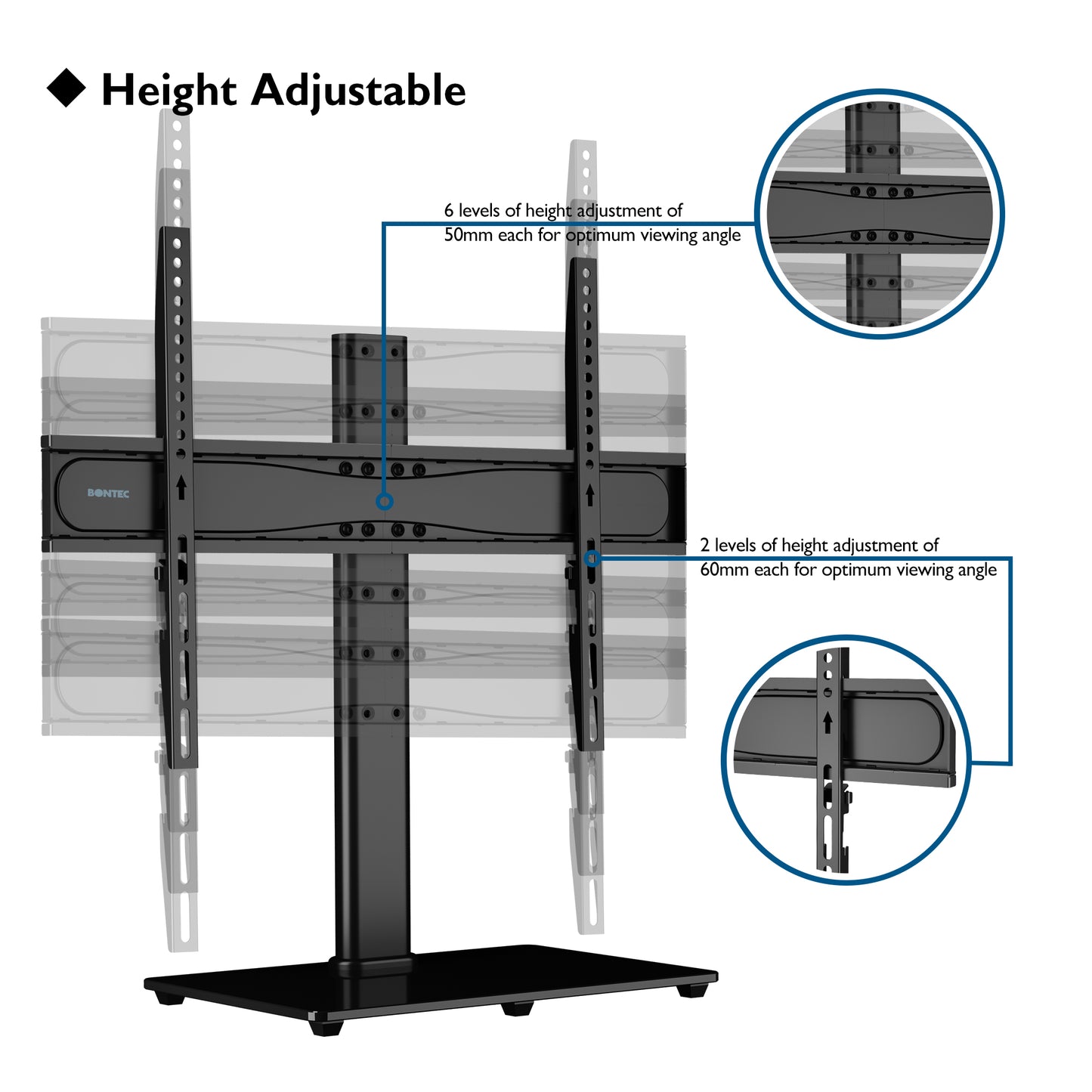 BONTEC Universal Table Top Pedestal TV Stand with Bracket for 32-65 inch LCD/LED/Plasma TVs, Height Adjustable TV stand with Tempered Glass Base & Cable Management, Holds 45 KG & Max.VESA 600x400mm