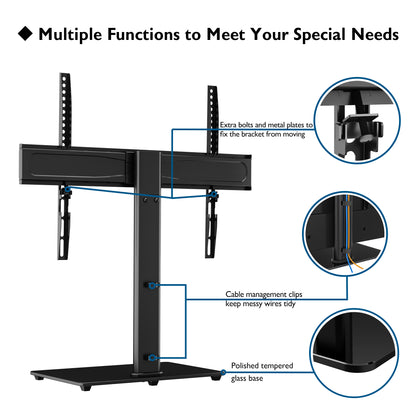 BONTEC Universal Table Top Pedestal TV Stand with Bracket for 32-65 inch LCD/LED/Plasma TVs, Height Adjustable TV stand with Tempered Glass Base & Cable Management, Holds 45 KG & Max.VESA 600x400mm