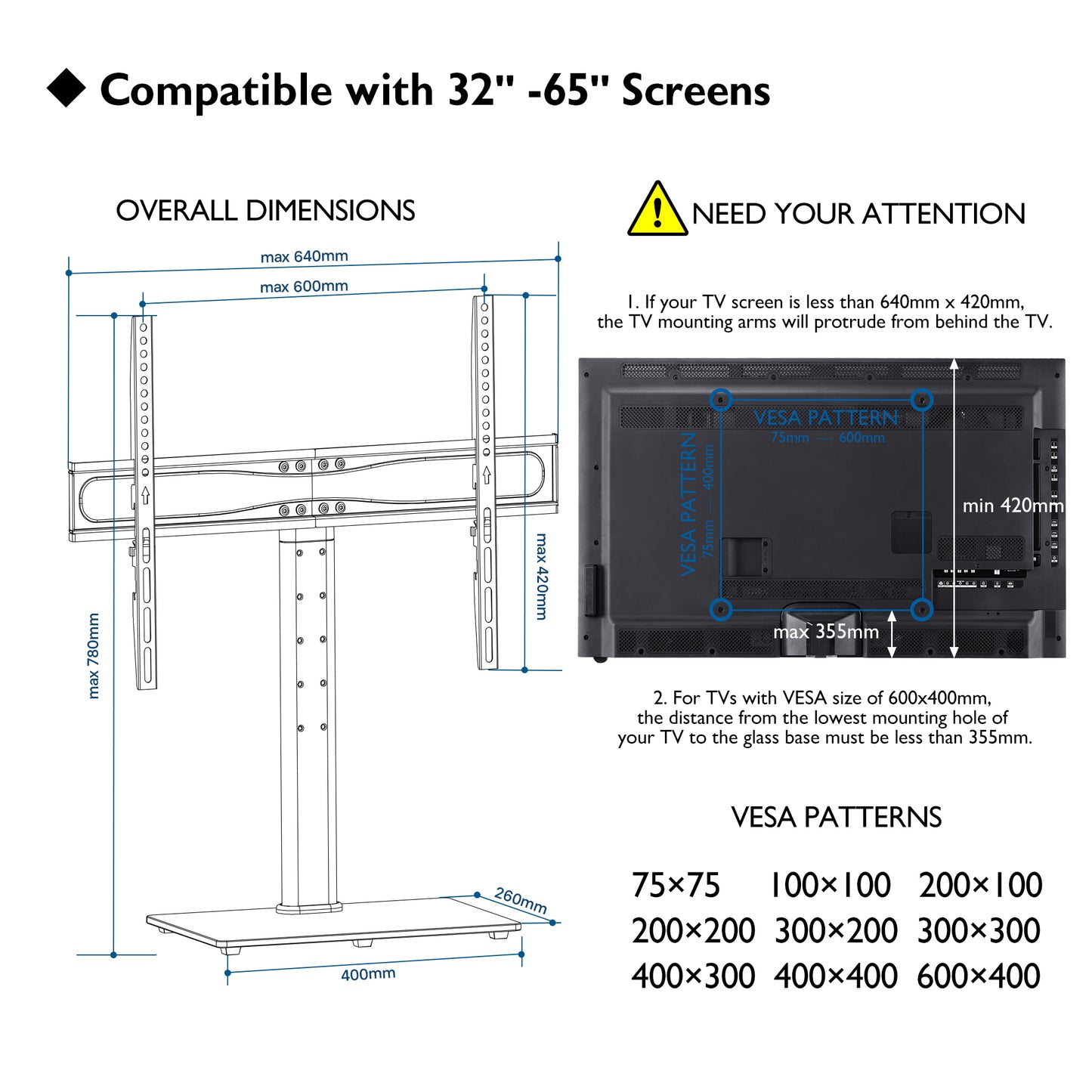 BONTEC Universal Table Top Pedestal TV Stand with Bracket for 32-65 inch LCD/LED/Plasma TVs, Height Adjustable TV stand with Tempered Glass Base & Cable Management, Holds 45 KG & Max.VESA 600x400mm