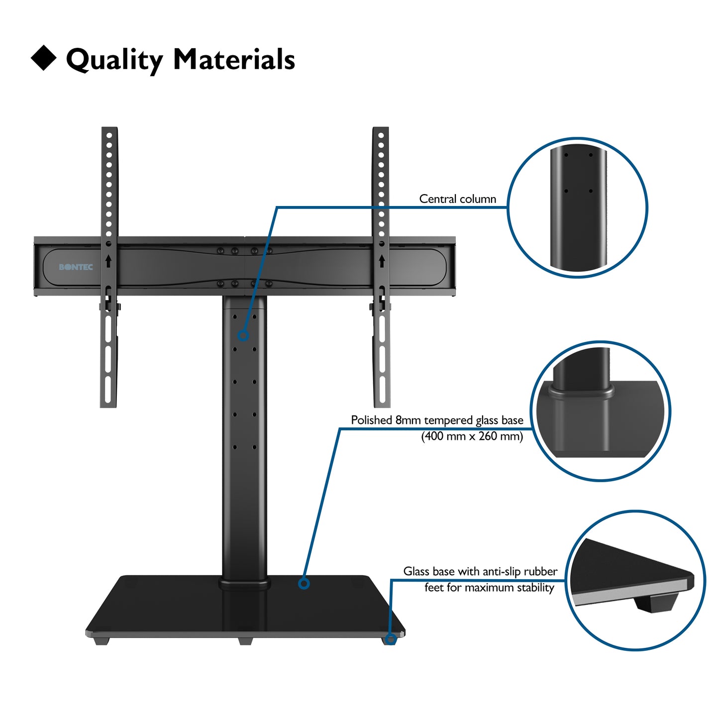 BONTEC Universal Table Top Pedestal TV Stand with Bracket for 32-65 inch LCD/LED/Plasma TVs, Height Adjustable TV stand with Tempered Glass Base & Cable Management, Holds 45 KG & Max.VESA 600x400mm