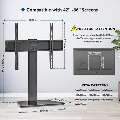 BONTEC Universal Swivel Table Top TV Stand for 42–86 inch LED OLED LCD Screens, Heights Adjustable Table Top TV Stand with Tempered Glass Base, Large TV Pedestal Stand Holds 50kgs, Max. VESA 800x600mm
