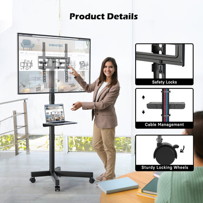 BONTEC Mobile TV Stand on Wheels, Height Adjustable Tilt Rolling TV Stand with media shelf for 23-60 inch LED, LCD, OLED Flat&Curved TVs, Holds Up to 25KG, Max VESA 400x400mm