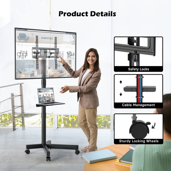 BONTEC Mobile TV Stand on Wheels, Height Adjustable Tilt Rolling TV St