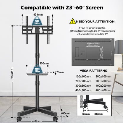 BONTEC Mobile TV Stand on Wheels, Height Adjustable Tilt Rolling TV Stand with media shelf for 23-60 inch LED, LCD, OLED Flat&Curved TVs, Holds Up to 25KG, Max VESA 400x400mm