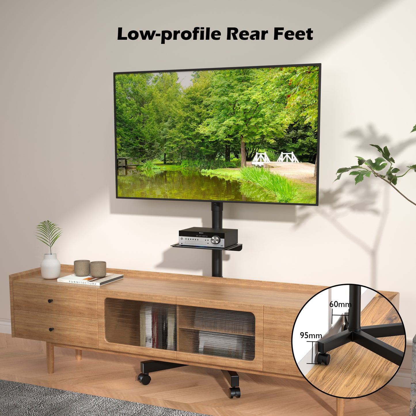 BONTEC Mobile TV Stand on Wheels, Height Adjustable Tilt Rolling TV Stand with media shelf for 23-60 inch LED, LCD, OLED Flat&Curved TVs, Holds Up to 25KG, Max VESA 400x400mm