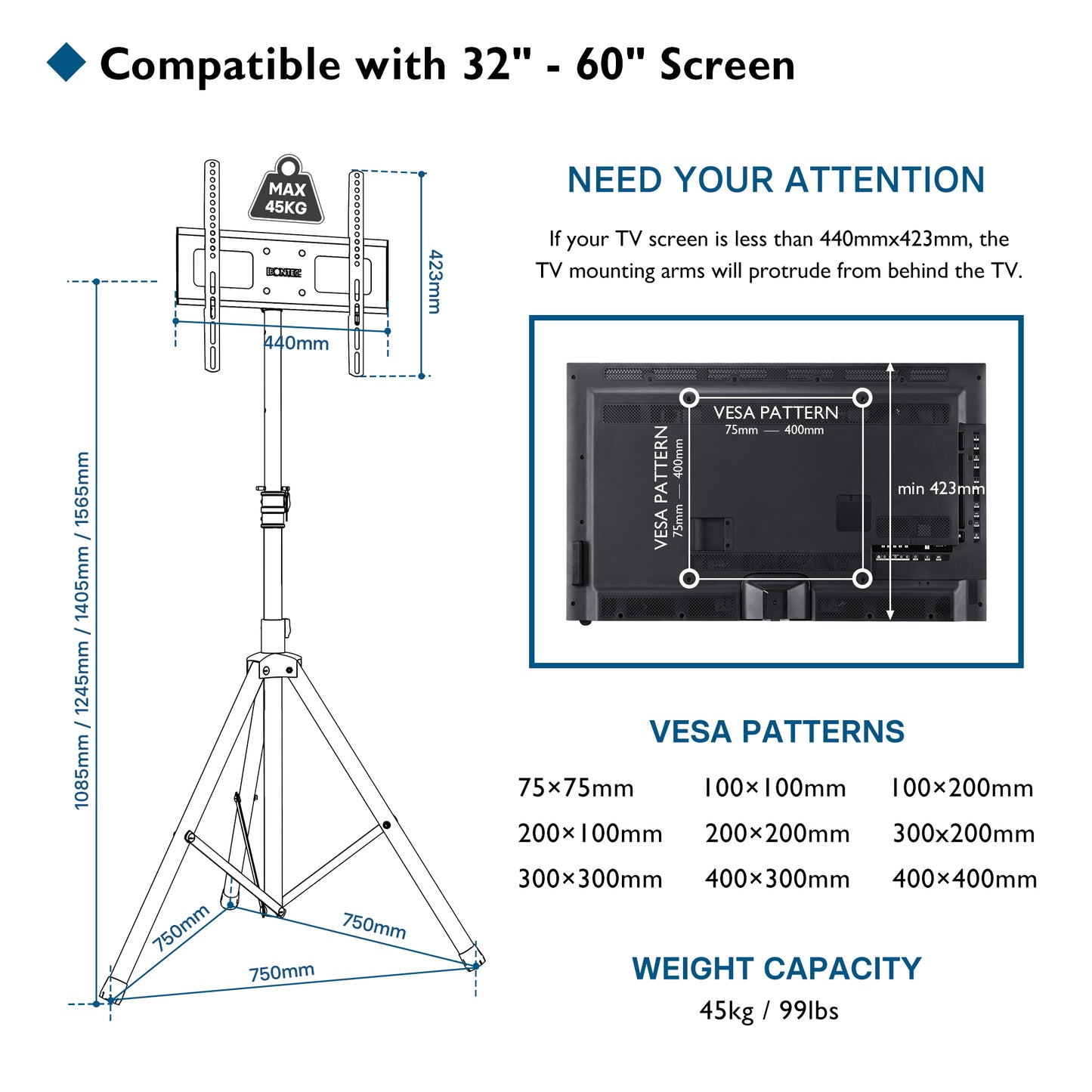 BONTEC Tripod TV Stand for most 32-60 inch Flat&Curved Plasma/LCD/LED Screens, Portable Home Display Floor TV Stand Swivel Tilt Height Adjustable with Bracket Mount Hold up to 45kgs Max VESA 400x400mm