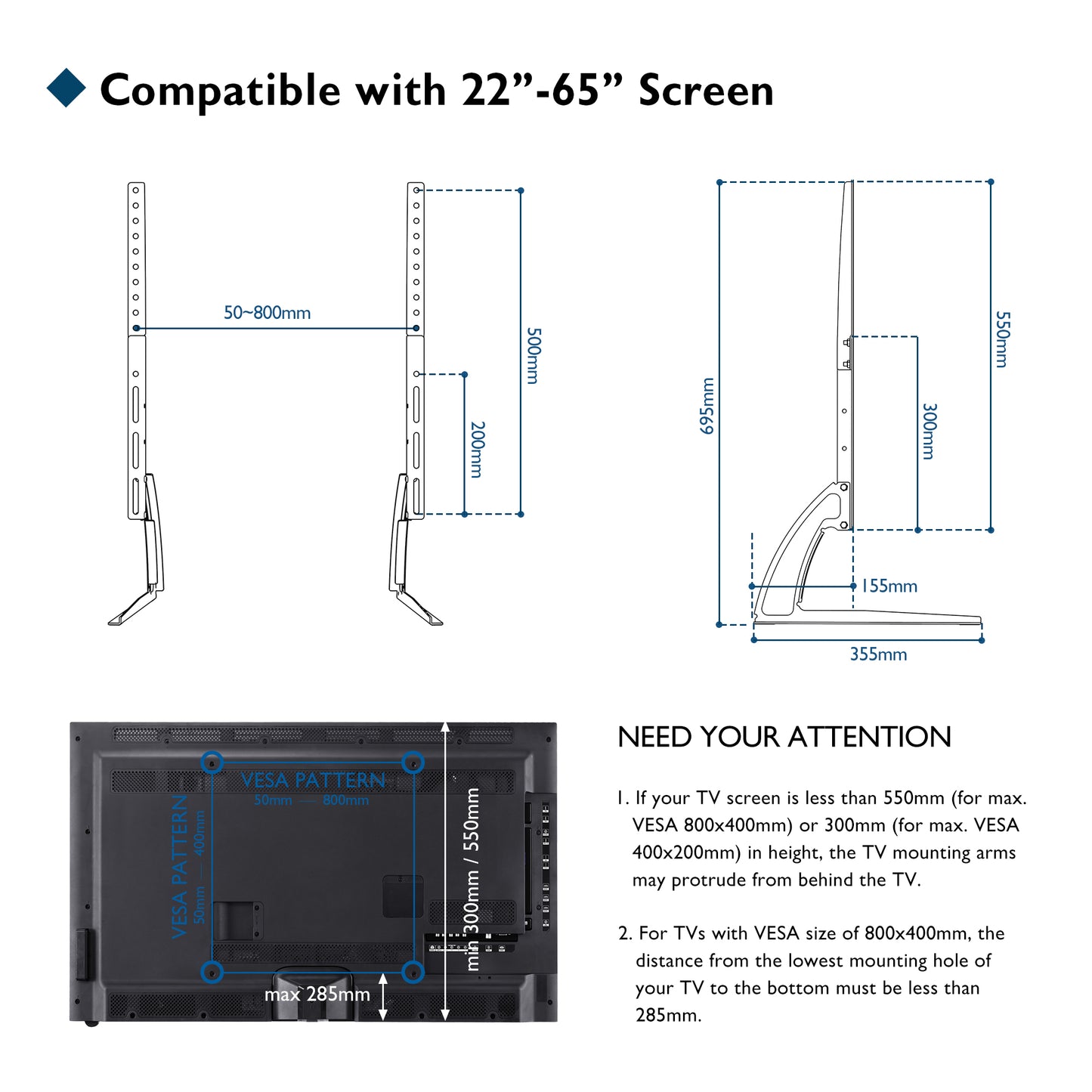BONTEC Universal Table Desk Pedestal TV Stand Tabletop Screen Monitor Riser for 22"-65" LCD/LED TVs