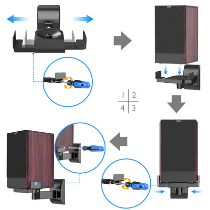 BONTEC Universal Dual Side Clamping Bookshelf Speaker, Wall Mounting Bracket for Large Surrounding Sound Speakers, Tilt & Swivel Satellite Speaker Wall Mount, Hold up to 15kgs (1 Pair Black)