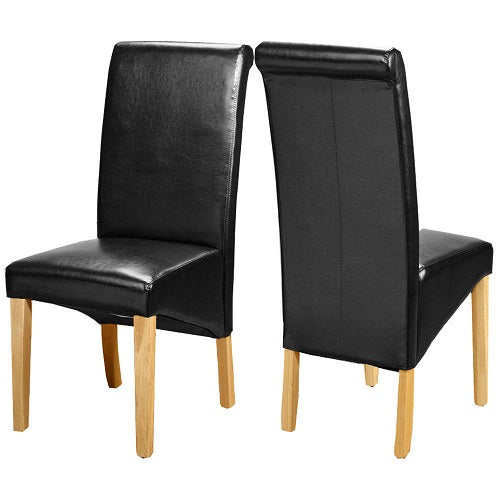 Set of 2 Faux Leather Dining Chairs Roll Top High Back with Solid Wooden Legs Oak Finish for Home & Commercial Living Room Bedroom Kitchen Restaurants