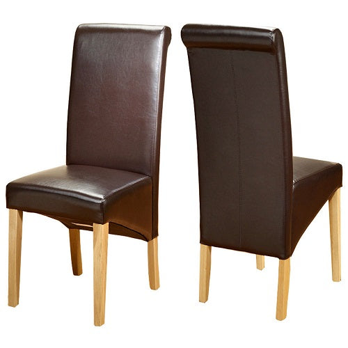 Set of 2 Faux Leather Dining Chairs Roll Top High Back with Solid Wooden Legs Oak Finish for Home & Commercial Living Room Bedroom Kitchen Restaurants