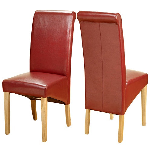 Set of 2 Faux Leather Dining Chairs Roll Top High Back with Solid Wooden Legs Oak Finish for Home & Commercial Living Room Bedroom Kitchen Restaurants